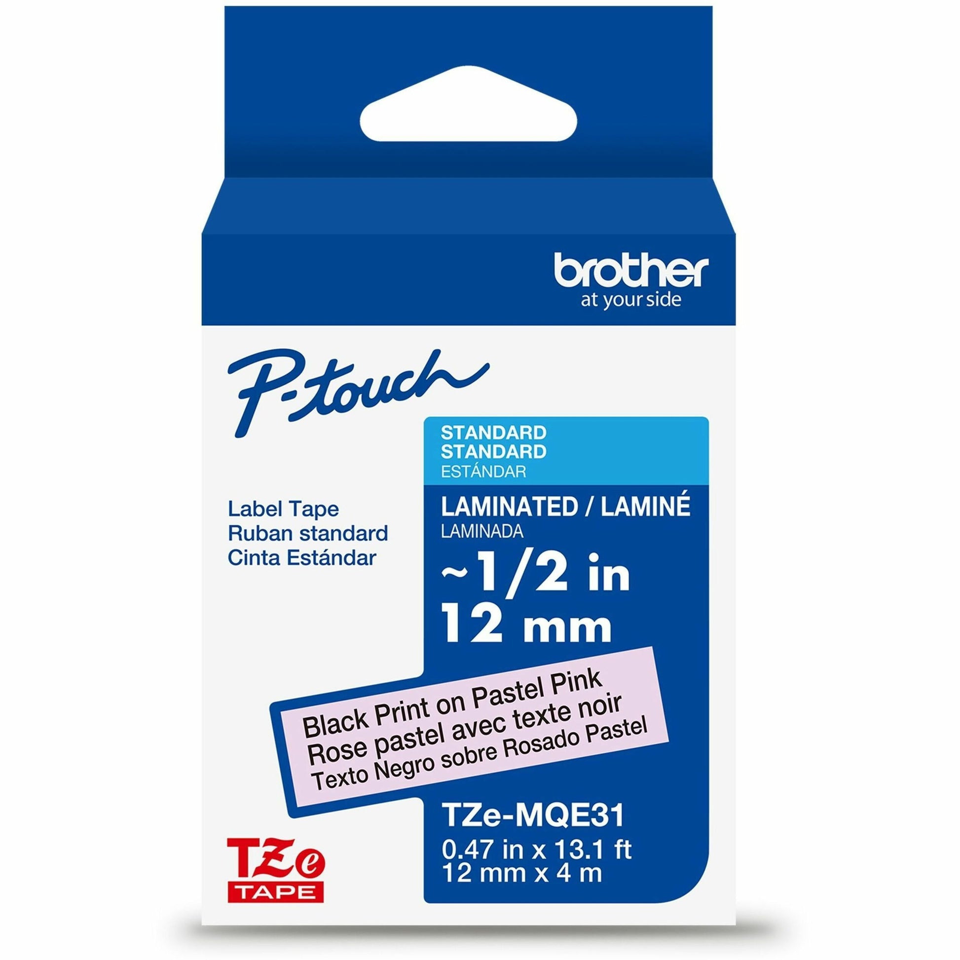 Main Image for Brother Genuine P-touch TZeMQE31 BK on PASTEL PNK Label Tape, Laminated, 12mmX4m
