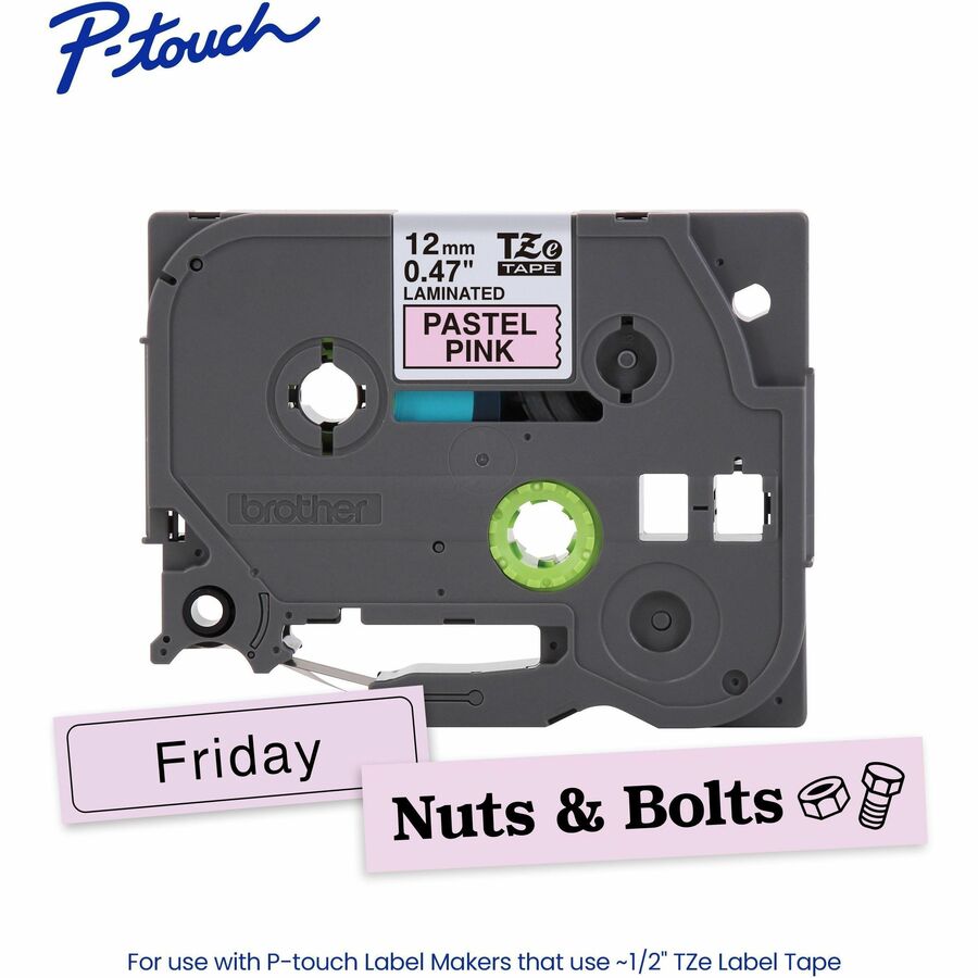 Alternate-Image1 Image for Brother Genuine P-touch TZeMQE31 BK on PASTEL PNK Label Tape, Laminated, 12mmX4m