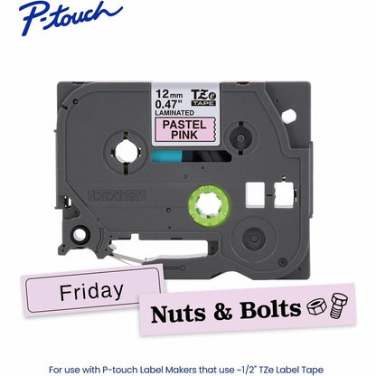 Alternate-Image1 Image for Brother Genuine P-touch TZeMQE31 BK on PASTEL PNK Label Tape, Laminated, 12mmX4m