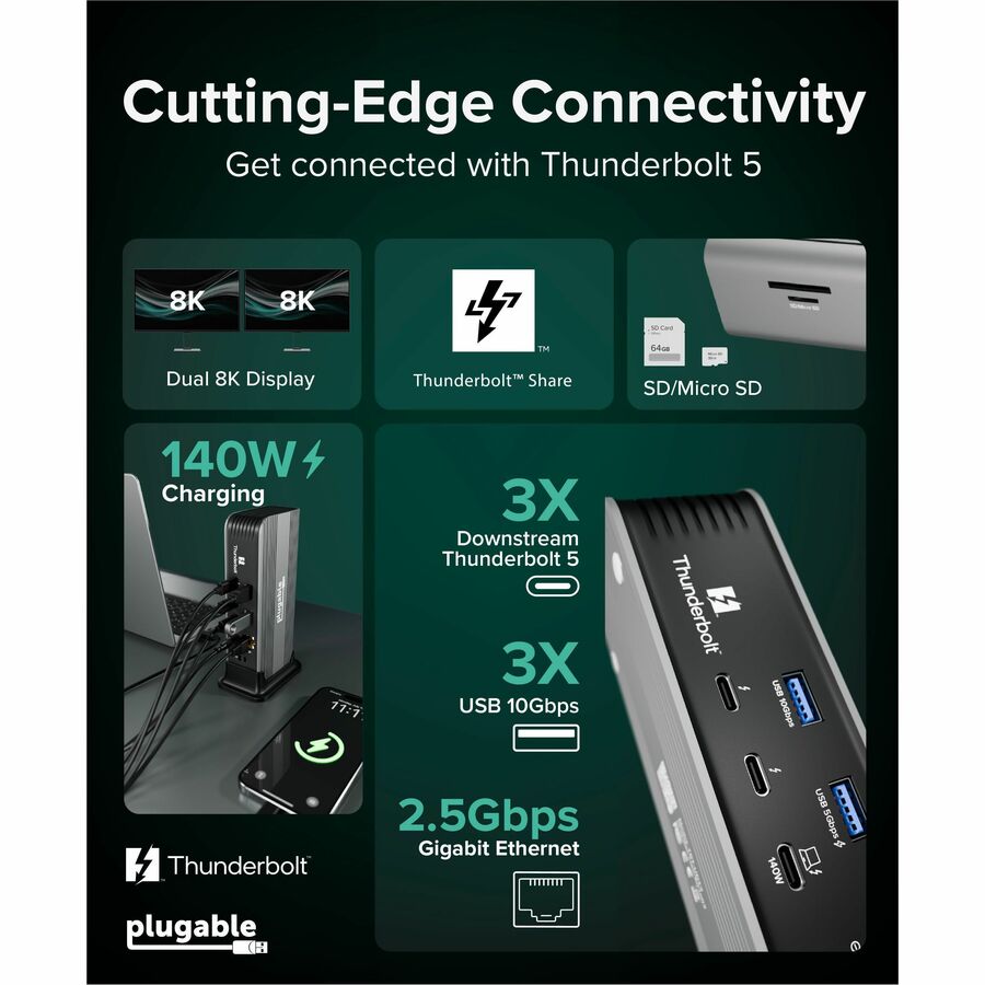 Alternate-Image1 Image for Plugable Thunderbolt 5 Docking Station for MacBook Pro and Windows, 140W Charging