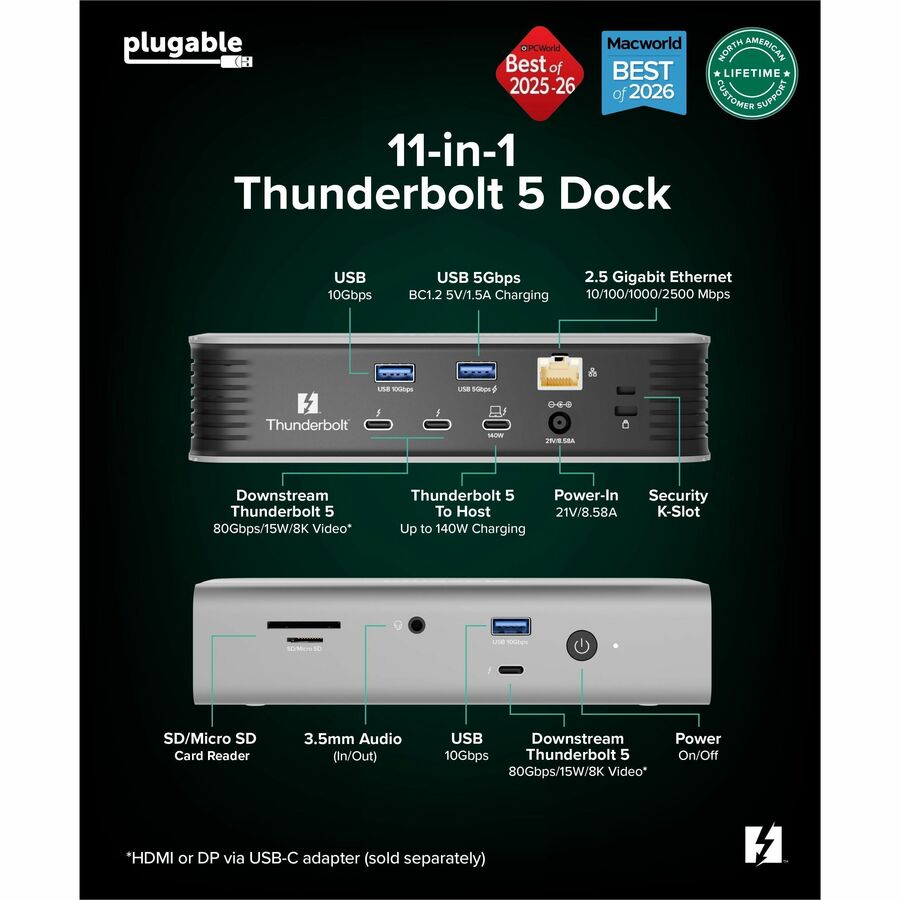Alternate-Image4 Image for Plugable Thunderbolt 5 Docking Station for MacBook Pro and Windows, 140W Charging