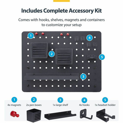 Alternate-Image2 Image for StarTech.com Clamp-On Pegboard with Accessories, 16.5x12.5in, Steel Peg Board, Desktop Storage Organizer, Black