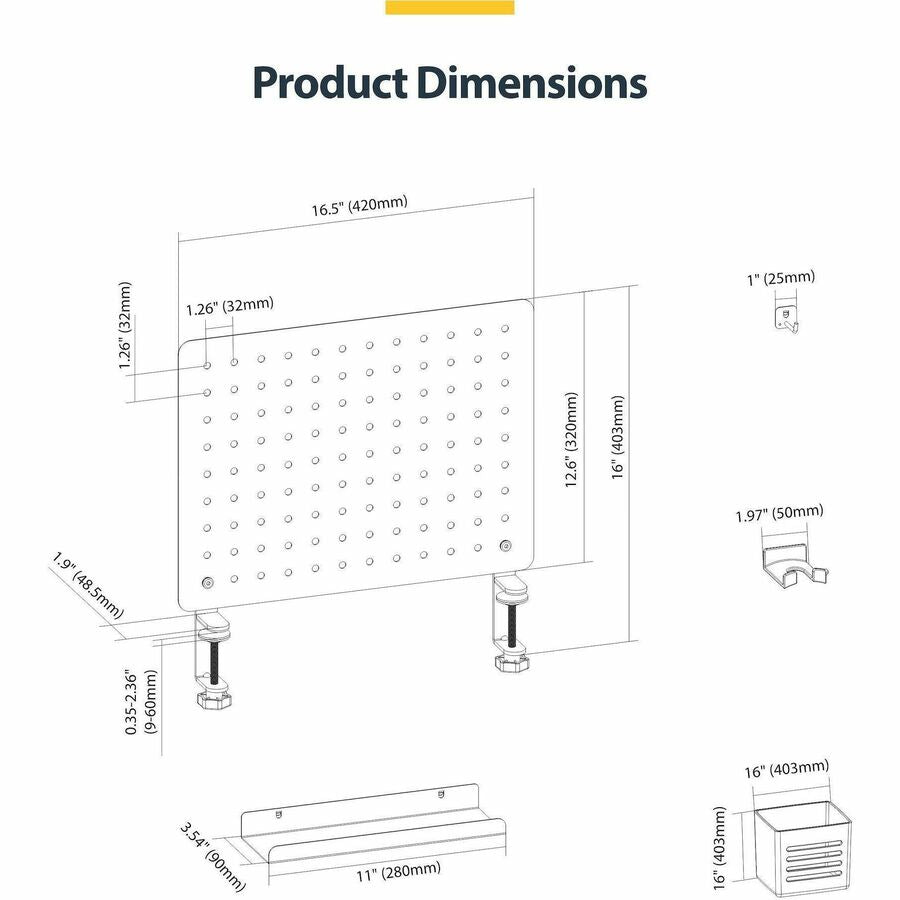 Alternate-Image5 Image for StarTech.com Clamp-On Pegboard with Accessories, 16.5x12.5in, Steel Peg Board, Desktop Storage Organizer, Black