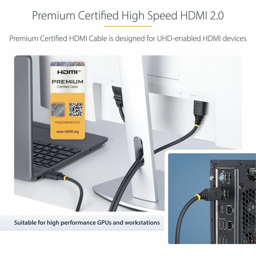 Alternate-Image2 Image for StarTech 1.6ft (50cm) Premium Certified High Speed HDMI Cable, 4K 60Hz/1440p 144Hz, 18Gbps, UHD HDMI 2.0 Cord, TPE Jacket