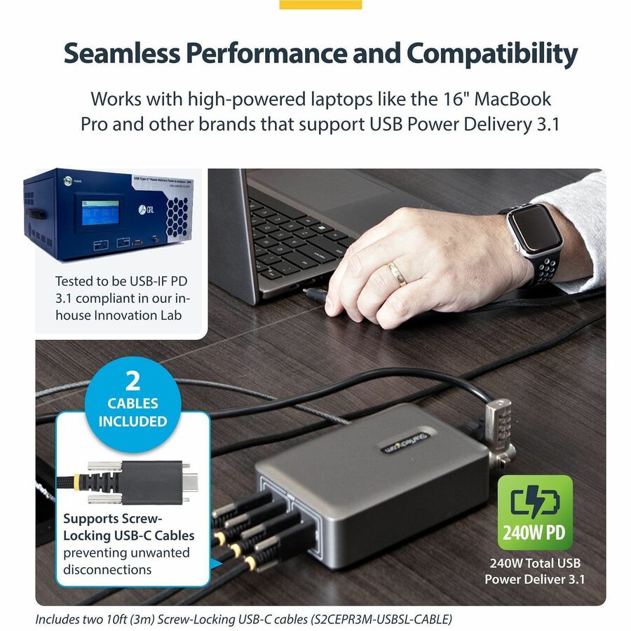 Alternate-Image5 Image for StarTech.com 4-Port Multi-Device USB-C Charger, 240W Total, 1-Port 140W EPR, Screw Locking Ports, Ideal for Boardrooms, 2x 10ft Cable Incl