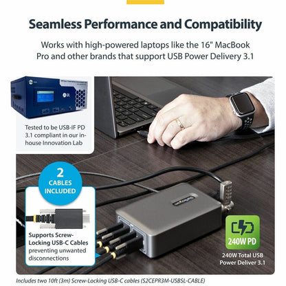 Alternate-Image5 Image for StarTech.com 4-Port Multi-Device USB-C Charger, 240W Total, 1-Port 140W EPR, Screw Locking Ports, Ideal for Boardrooms, 2x 10ft Cable Incl
