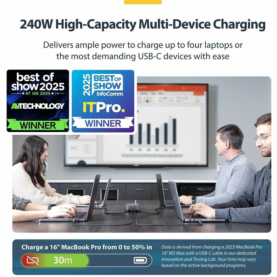 Alternate-Image1 Image for StarTech.com 4-Port Multi-Device USB-C Charger, 240W Total, 1-Port 140W EPR, Screw Locking Ports, Ideal for Boardrooms, 2x 10ft Cable Incl