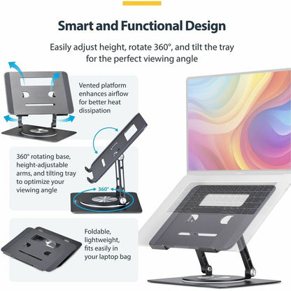 Alternate-Image3 Image for StarTech Rotating Laptop Stand, 360 Swivel, Ergonomic Desk Riser for Computer, Adjustable Height/Tilt, Max 11lb, Aluminum, Portable