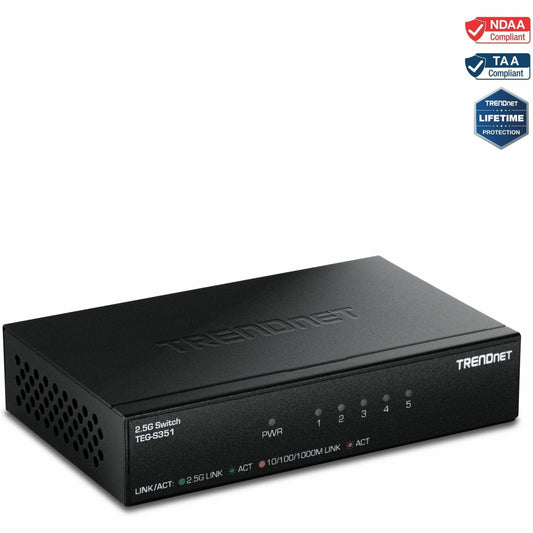 Main Image for TRENDnet 5-Port 2.5Gb Switch, TEG-S351, 5 x 2.5G RJ45 Ports, 25Gbps Switching Capacity, NDAA + TAA Compliant, Ethernet Splitter, for Game Console, NAS, PC, Lifetime Protection