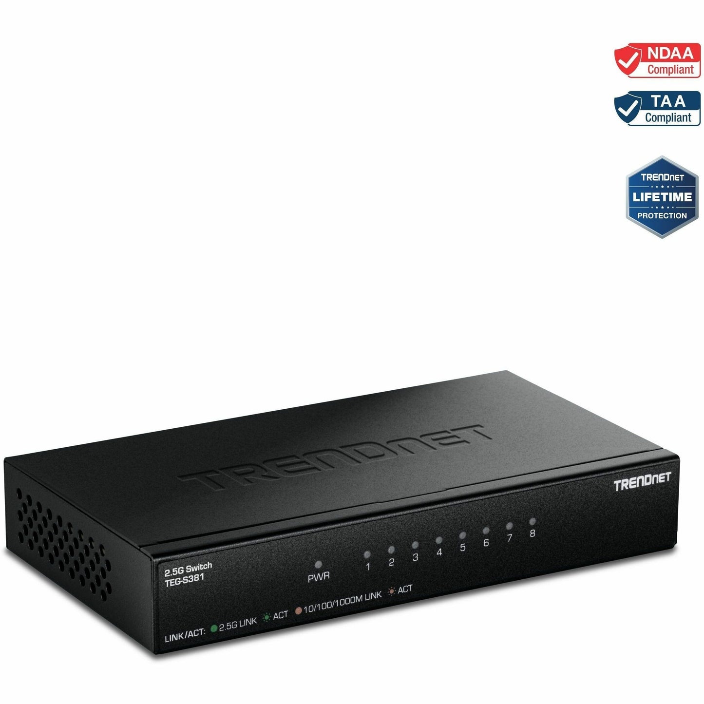 Main Image for TRENDnet 8-Port 2.5Gb Switch, TEG-S381, 8 x 2.5G RJ45 Ports, 40Gbps Switching Capacity, NDAA + TAA Compliant, Ethernet Splitter, for Game Console, NAS, PC, Lifetime Protection