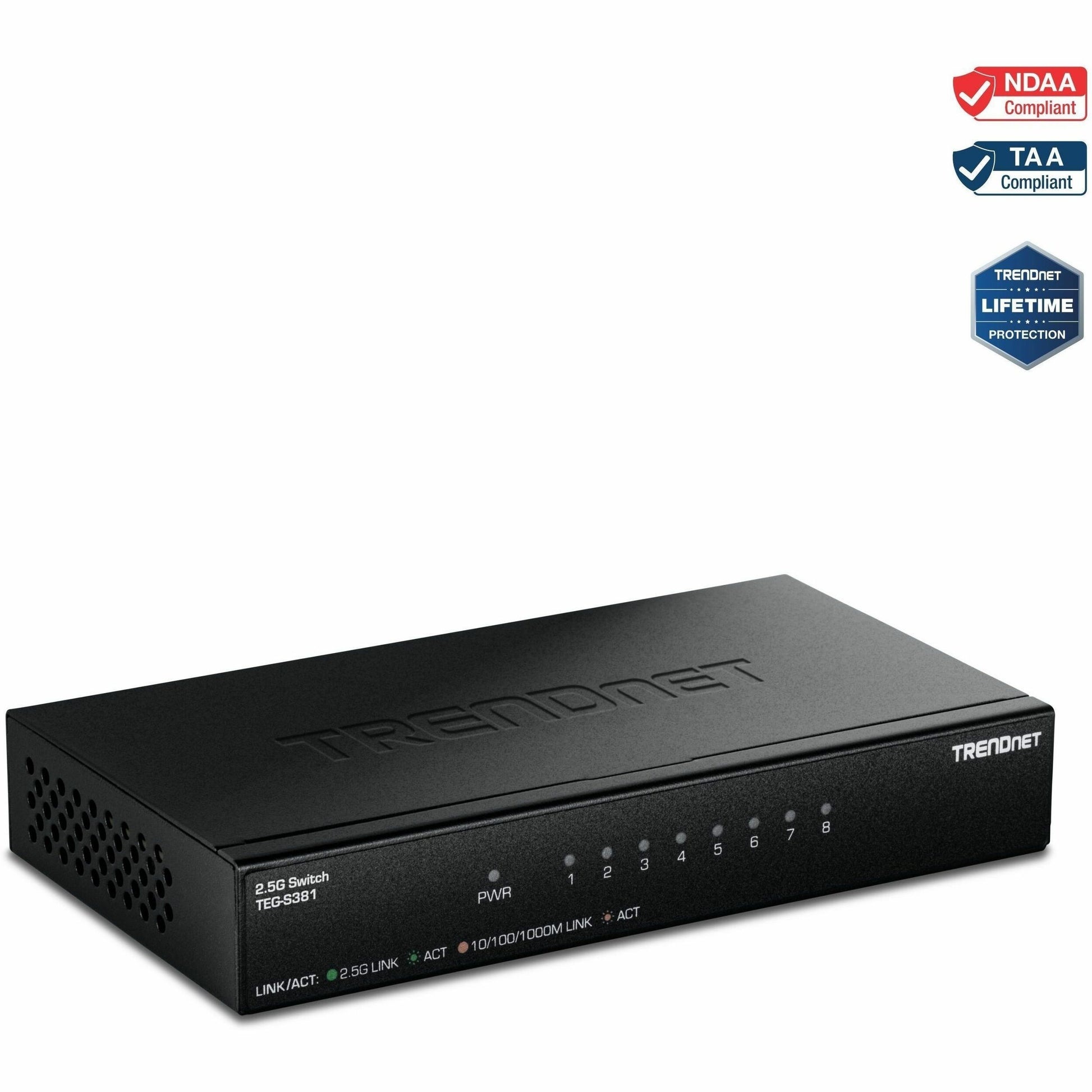 Main Image for TRENDnet 8-Port 2.5Gb Switch, TEG-S381, 8 x 2.5G RJ45 Ports, 40Gbps Switching Capacity, NDAA + TAA Compliant, Ethernet Splitter, for Game Console, NAS, PC, Lifetime Protection