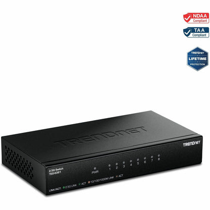 Main Image for TRENDnet 8-Port 2.5Gb Switch, TEG-S381, 8 x 2.5G RJ45 Ports, 40Gbps Switching Capacity, NDAA + TAA Compliant, Ethernet Splitter, for Game Console, NAS, PC, Lifetime Protection