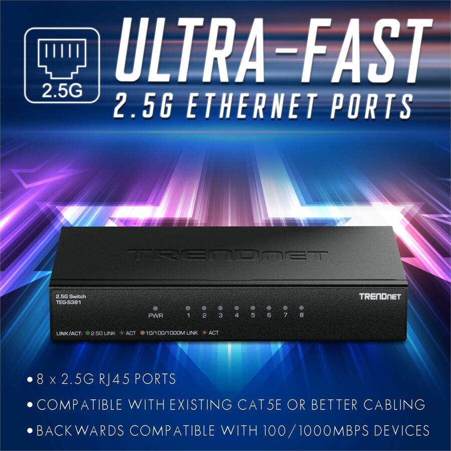 Alternate-Image9 Image for TRENDnet 8-Port 2.5Gb Switch, TEG-S381, 8 x 2.5G RJ45 Ports, 40Gbps Switching Capacity, NDAA + TAA Compliant, Ethernet Splitter, for Game Console, NAS, PC, Lifetime Protection