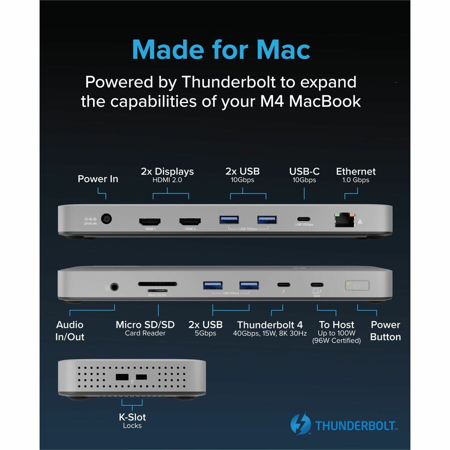 Alternate-Image1 Image for Plugable Thunderbolt 4 Dock for M4 MacBook Air & Pro: 100W Charging Driverless Laptop Docking Station