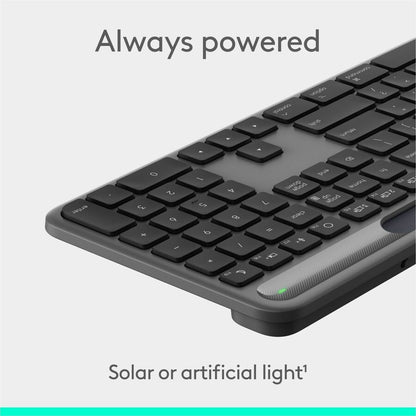 Alternate-Image1 Image for Logitech Signature Slim Solar+ keyboard for Mac, solar and artificial light powered, durable battery that lasts up to 10 years, customizable keys, Bluetooth, Graphite