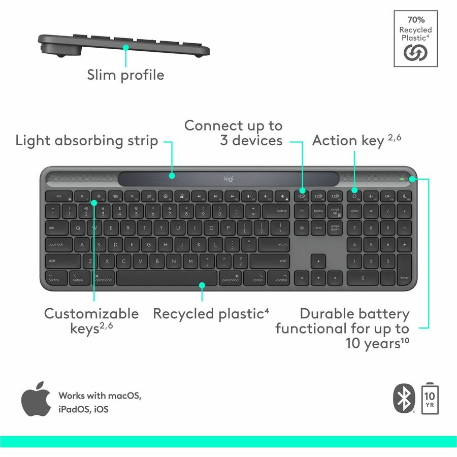 Alternate-Image6 Image for Logitech Signature Slim Solar+ keyboard for Mac, solar and artificial light powered, durable battery that lasts up to 10 years, customizable keys, Bluetooth, Graphite