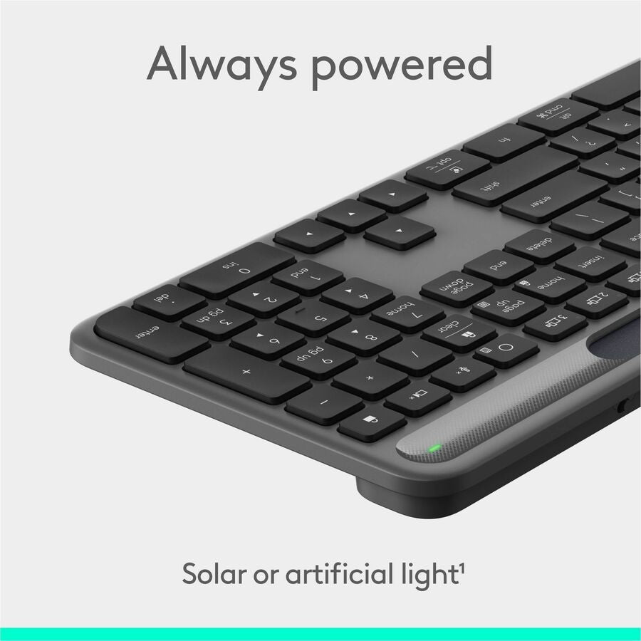 Alternate-Image1 Image for Logitech Signature Slim Solar+ wireless keyboard, solar and artificial light powered, durable battery that lasts up to 10 years, customizable keys, Bluetooth, Graphite