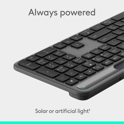 Alternate-Image1 Image for Logitech Signature Slim Solar+ wireless keyboard, solar and artificial light powered, durable battery that lasts up to 10 years, customizable keys, Bluetooth, Graphite