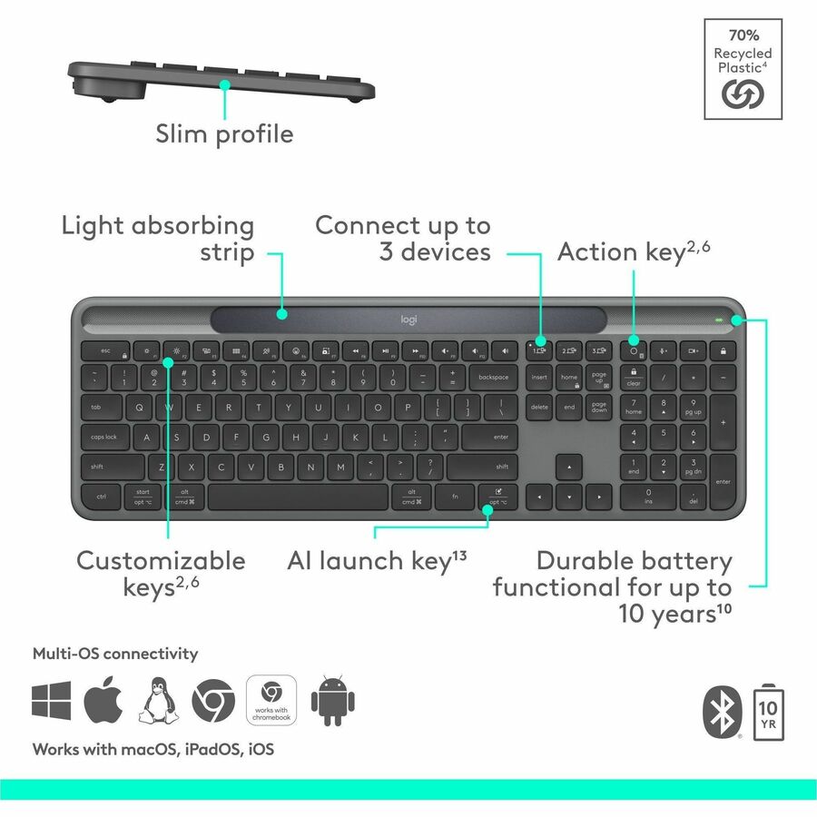 Alternate-Image6 Image for Logitech Signature Slim Solar+ wireless keyboard, solar and artificial light powered, durable battery that lasts up to 10 years, customizable keys, Bluetooth, Graphite