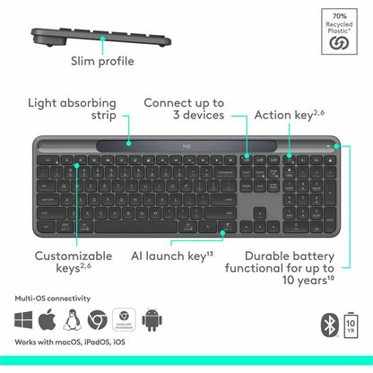 Alternate-Image6 Image for Logitech Signature Slim Solar+ wireless keyboard, solar and artificial light powered, durable battery that lasts up to 10 years, customizable keys, Bluetooth, Graphite
