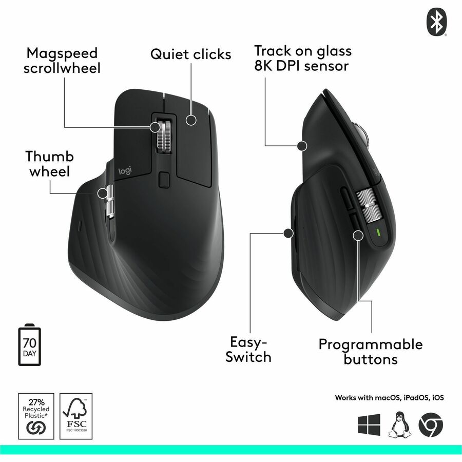Alternate-Image5 Image for Logitech MX Master 3S - Performance Wireless Mouse with Ultra-fast Scrolling, Ergo, 8K DPI, Track on Glass, Quiet Clicks, Bluetooth, Windows, Linux, Chrome, Black