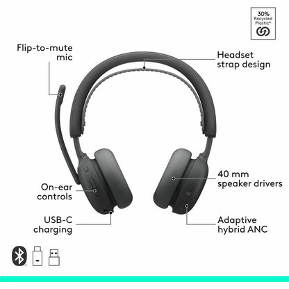 Alternate-Image5 Image for Logitech Zone Wireless 2 ES for Business - Noise-Canceling Wireless Headset with Adaptive Hybrid ANC, Microsoft Teams Certified, USB-C & USB-A, Graphite