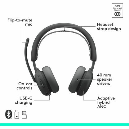 Alternate-Image5 Image for Logitech Zone Wireless 2 ES for Business - Noise-Canceling Wireless Headset with Adaptive Hybrid ANC, Zoom & Google Certified, USB-C & USB-A,Graphite