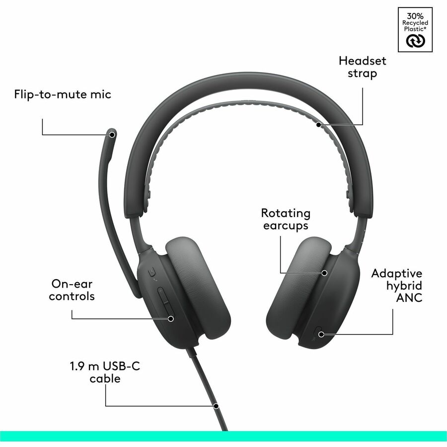 Alternate-Image5 Image for Logitech Zone Wired 2 for Business - Noise-Canceling Headset with Adaptive Hybrid ANC, Zoom & Google Certified, USB-C with USB-A adapter - Graphite