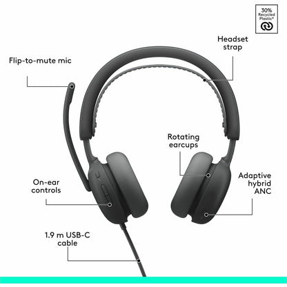 Alternate-Image5 Image for Logitech Zone Wired 2 for Business - Noise-Canceling Headset with Adaptive Hybrid ANC, Zoom & Google Certified, USB-C with USB-A adapter - Graphite