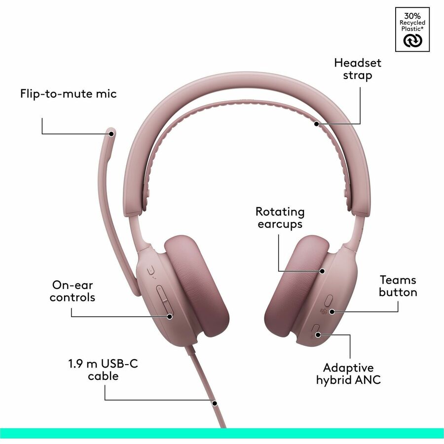 Alternate-Image5 Image for Logitech Zone Wired 2 for Business - Noise-Canceling Headset with Adaptive Hybrid ANC, Microsoft Teams Certified, USB-C with USB-A adapter, Rose