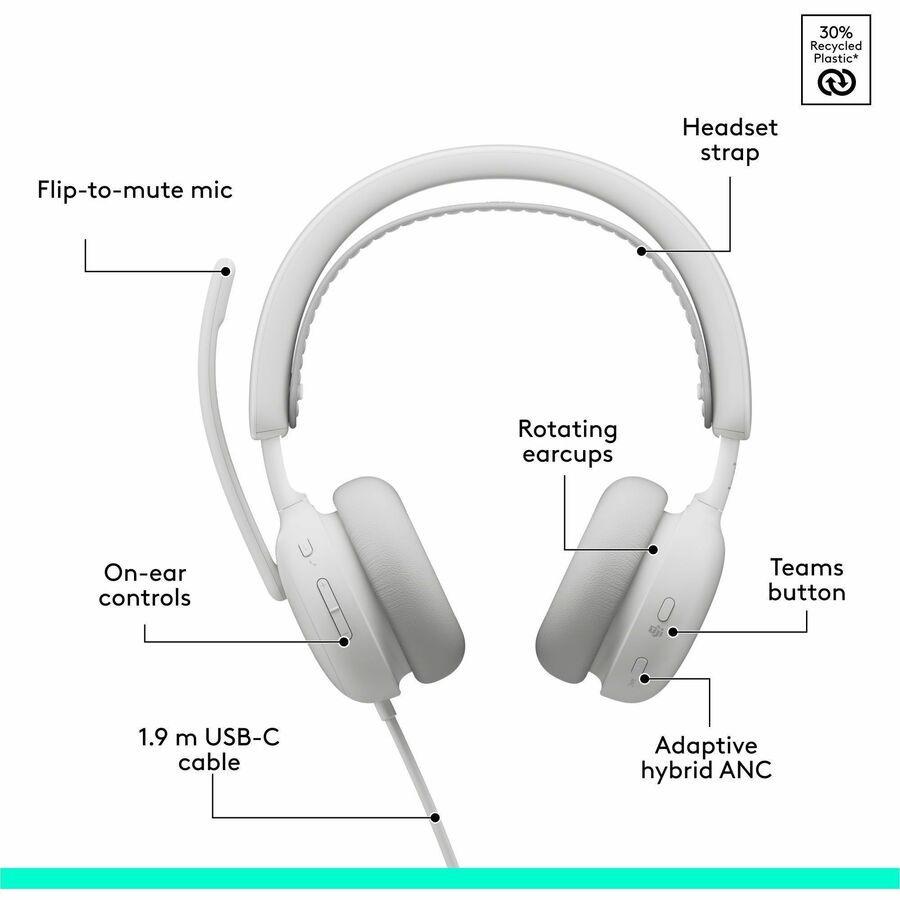 Alternate-Image5 Image for Logitech Zone Wired 2 for Business - Noise-Canceling Headset with Adaptive Hybrid ANC, Microsoft Teams Certified, USB-C with USB-A adapter, Off-white