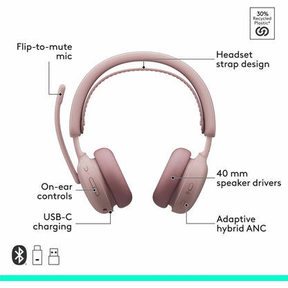 Alternate-Image5 Image for Logitech Zone Wireless 2 ES for Business - Noise-Canceling Wireless Headset with Adaptive Hybrid ANC, Microsoft Teams Certified, USB-C & USB-A, Rose