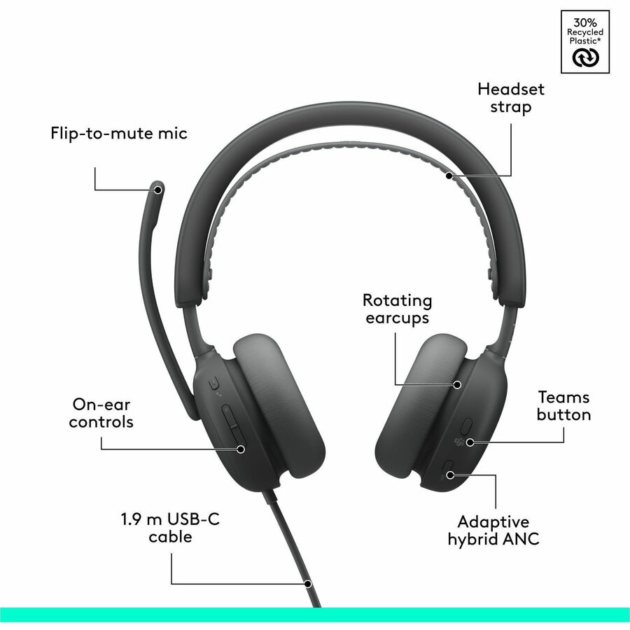 Alternate-Image5 Image for Logitech Zone Wired 2 for Business - Noise-Canceling Headset with Adaptive Hybrid ANC, Microsoft Teams Certified, USB-C with USB-A adapter, Graphite
