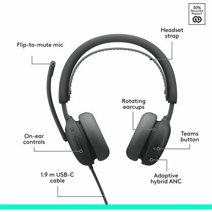 Alternate-Image5 Image for Logitech Zone Wired 2 for Business - Noise-Canceling Headset with Adaptive Hybrid ANC, Microsoft Teams Certified, USB-C with USB-A adapter, Graphite