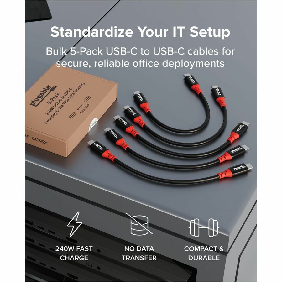 Alternate-Image2 Image for Plugable USB C to USB C Cable, Data Blocker Charge Only Cable 6in (Pack of 5): 240W Safe Charging