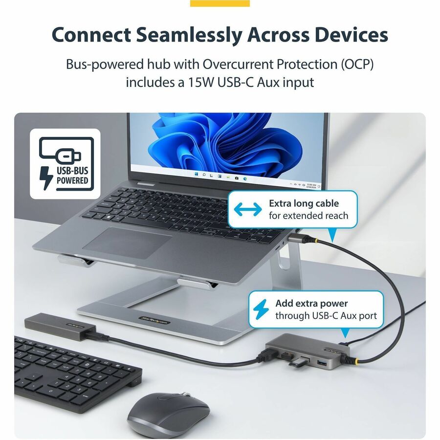 Alternate-Image2 Image for StarTech.com 4-Port USB-A Hub, 5Gbps, Bus Powered, USB-A to 4x USB-A Hub with USB-C Auxiliary Power Input, Portable USB Hub