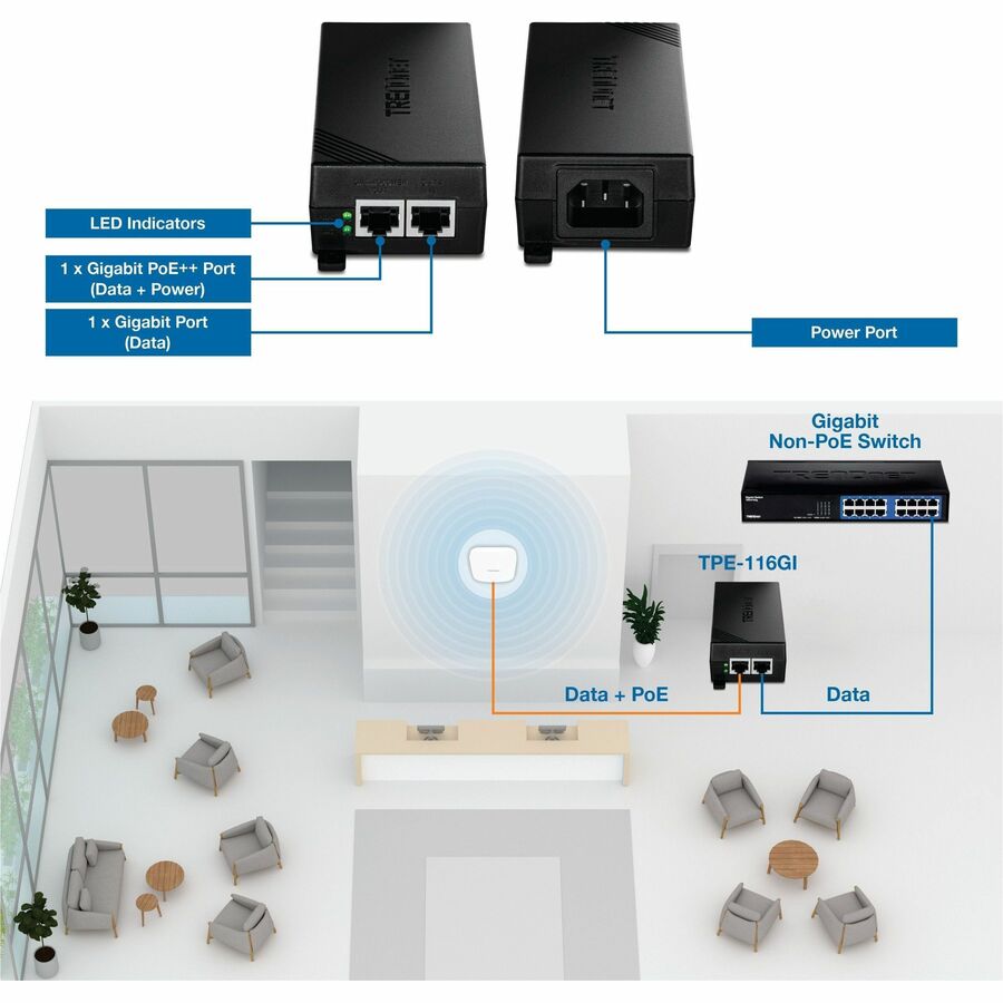 Alternate-Image4 Image for TRENDnet Gigabit PoE++ Injector, TPE-116GI, Supplies PoE (15.4W), PoE+ (30W), or PoE++ (60W), Network A PoE Device Up to 100m(328 ft), NDAA & TAA Compliant, Plug & Play, Black
