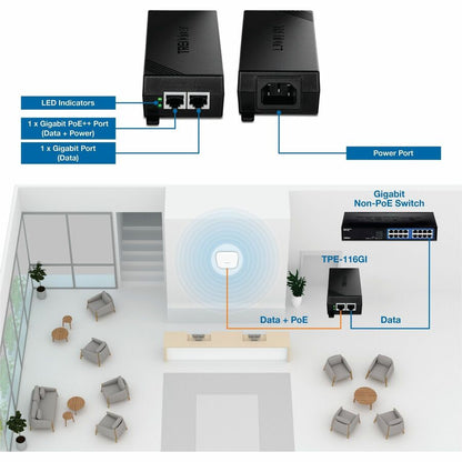 Alternate-Image4 Image for TRENDnet Gigabit PoE++ Injector, TPE-116GI, Supplies PoE (15.4W), PoE+ (30W), or PoE++ (60W), Network A PoE Device Up to 100m(328 ft), NDAA & TAA Compliant, Plug & Play, Black