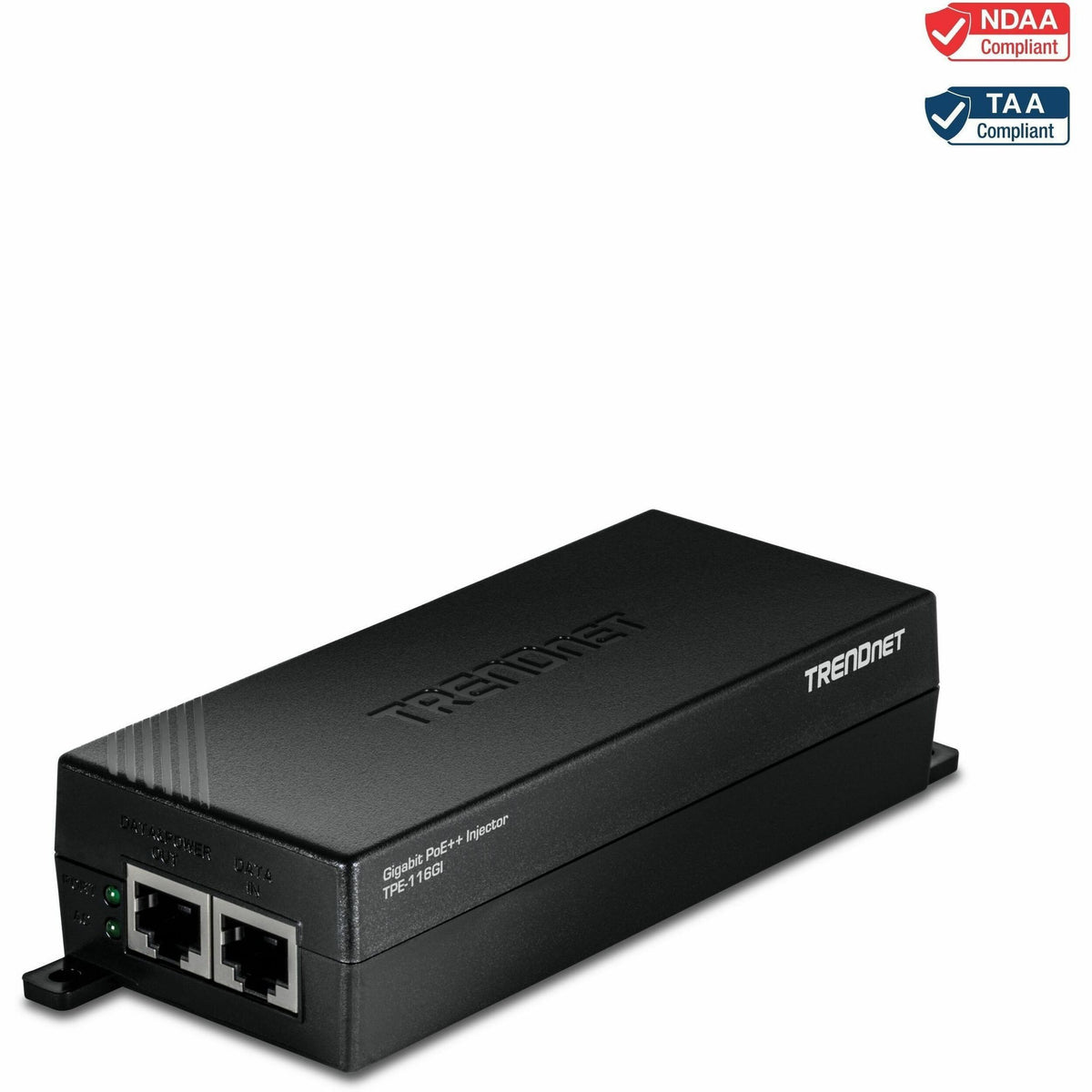 Main Image for TRENDnet Gigabit PoE++ Injector, TPE-116GI, Supplies PoE (15.4W), PoE+ (30W), or PoE++ (60W), Network A PoE Device Up to 100m(328 ft), NDAA & TAA Compliant, Plug & Play, Black