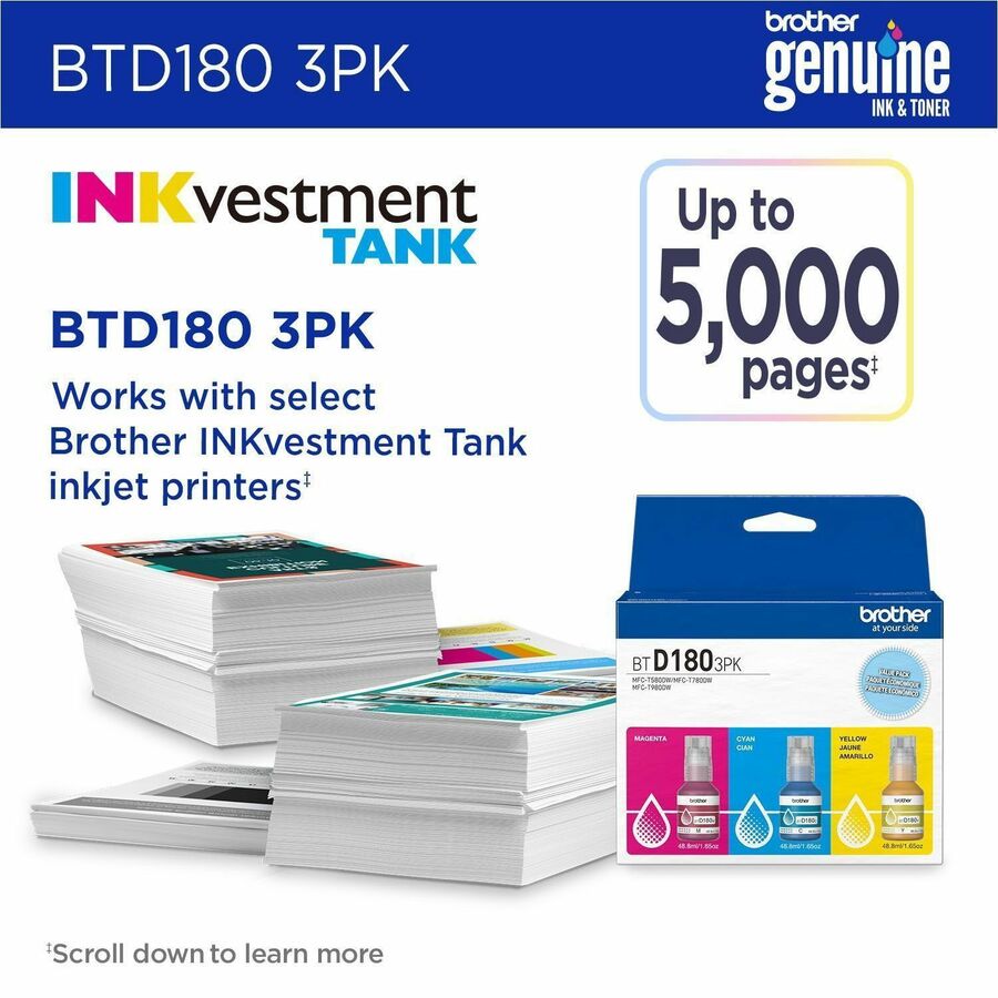 Alternate-Image3 Image for Brother Genuine BTD1803PK 3-Pack High Yield Cyan, Magenta, and Yellow Ink Bottles