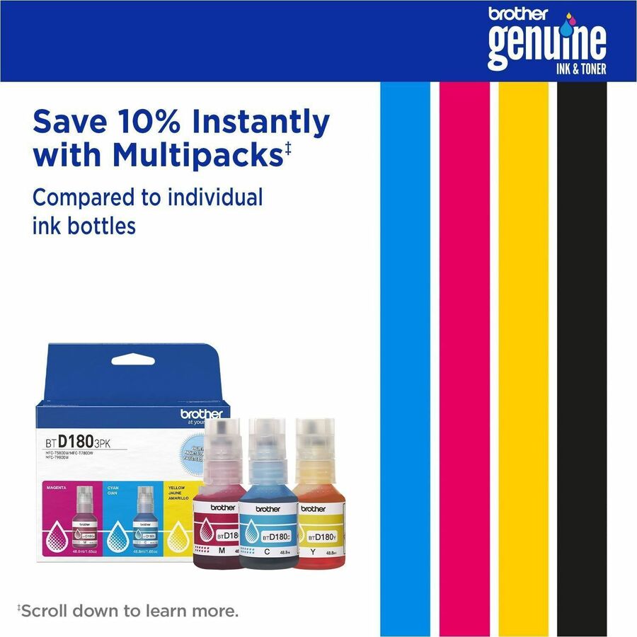 Alternate-Image1 Image for Brother Genuine BTD1803PK 3-Pack High Yield Cyan, Magenta, and Yellow Ink Bottles