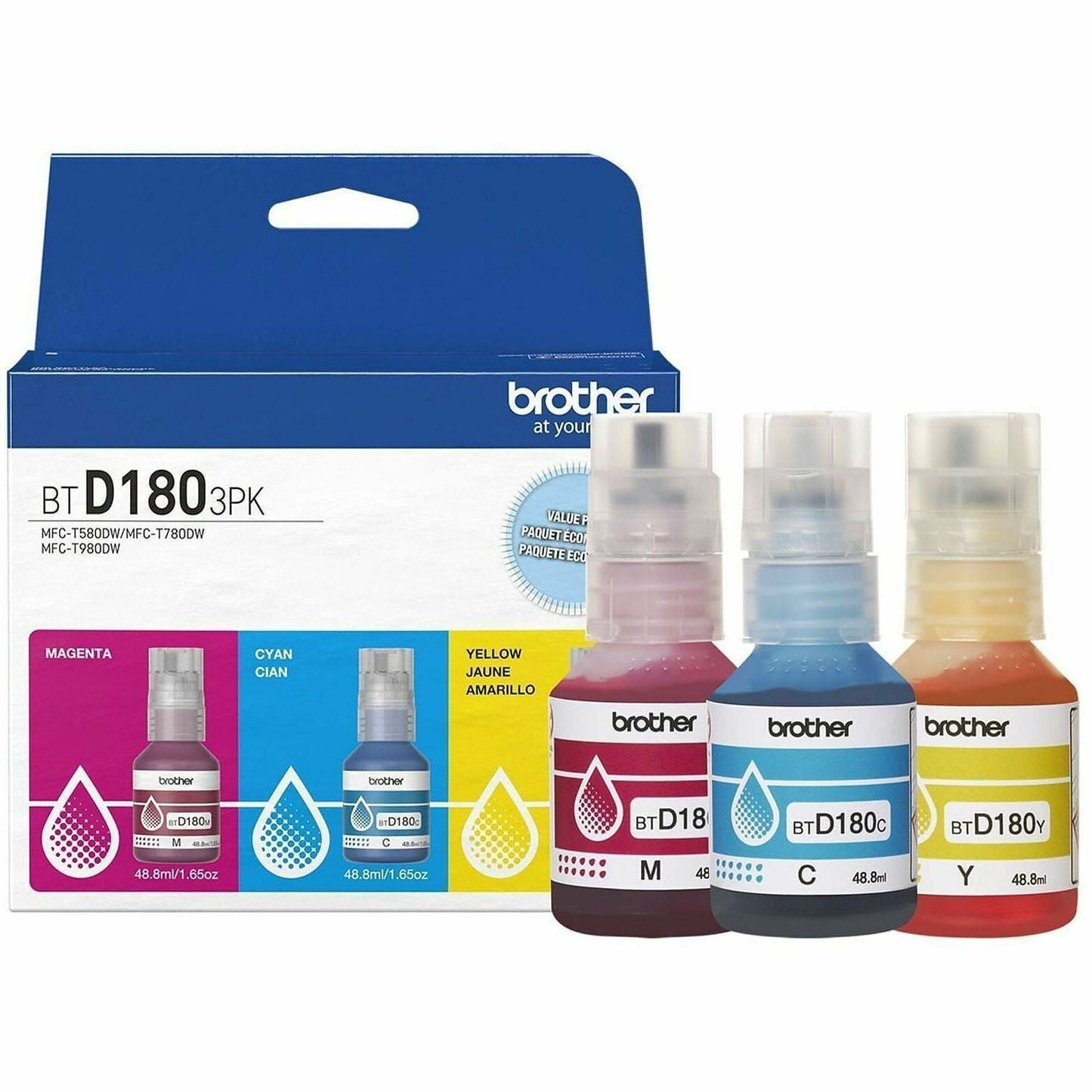 Main Image for Brother Genuine BTD1803PK 3-Pack High Yield Cyan, Magenta, and Yellow Ink Bottles