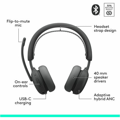 Alternate-Image5 Image for Logitech Zone Wireless 2 ES - Noise-Canceling Wireless Headset with Adaptive Hybrid ANC, Bluetooth, Graphite