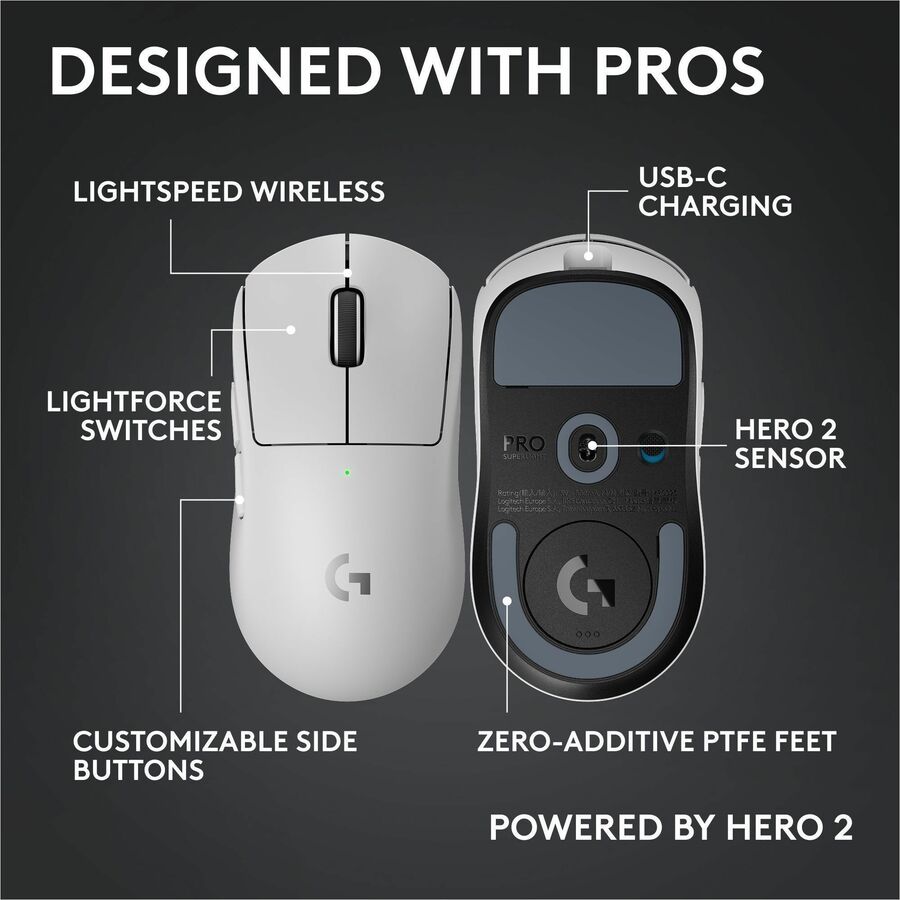 Alternate-Image5 Image for Logitech G PRO X SUPERLIGHT 2c wireless gaming mouse, 51 g pro-grade compact mouse with 5 programmable buttons, USB-C charging, 44K DPI sensor, up to 8 kHz polling for PC/Mac, White