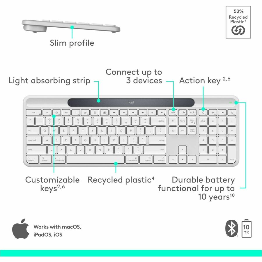 Alternate-Image6 Image for Logitech Signature Slim Solar+ keyboard for Mac, solar and artificial light powered, durable battery that lasts up to 10 years, customizable keys, Bluetooth, White