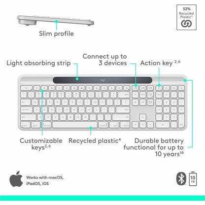 Alternate-Image6 Image for Logitech Signature Slim Solar+ keyboard for Mac, solar and artificial light powered, durable battery that lasts up to 10 years, customizable keys, Bluetooth, White