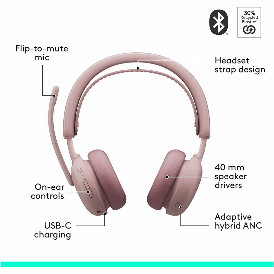 Alternate-Image5 Image for Logitech Zone Wireless 2 ES - Noise-Canceling Wireless Headset with Adaptive Hybrid ANC, Bluetooth, Rose
