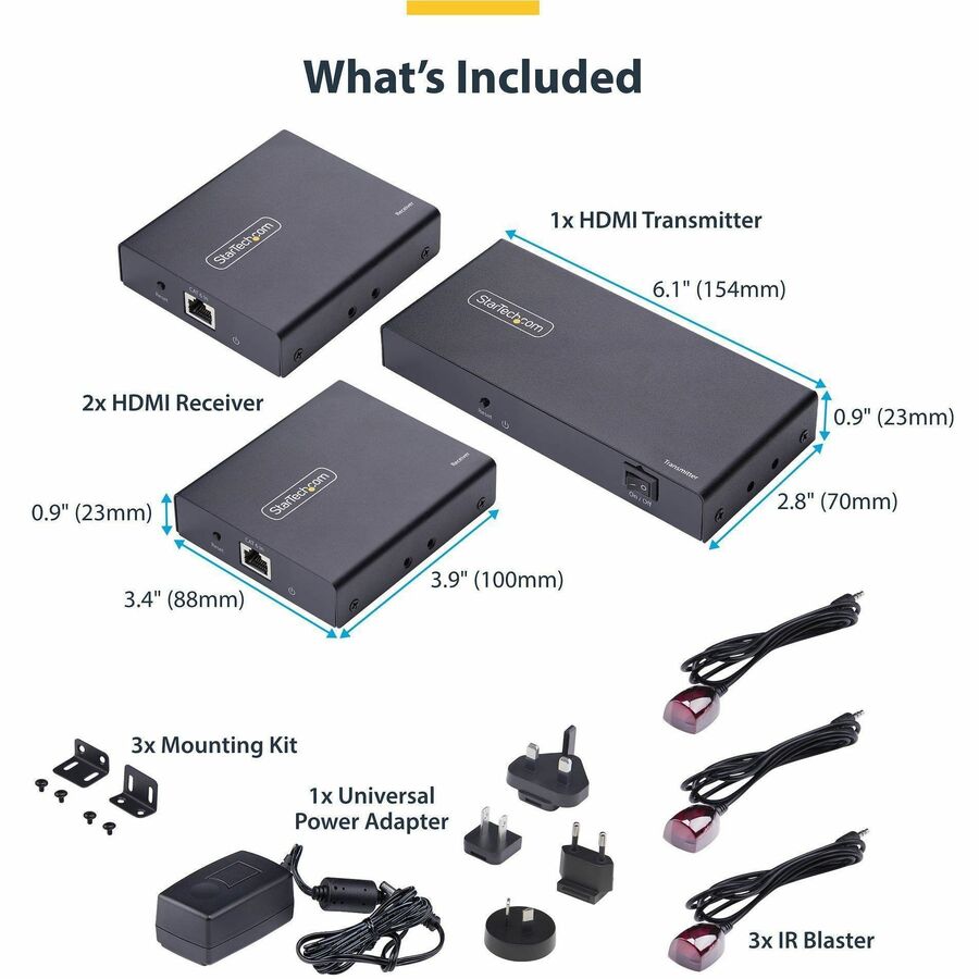 Alternate-Image4 Image for StarTech 2-Port HDMI Extender and Splitter Over CAT6, 4K 60Hz, Up to 230ft (70m), 1x2 HDMI over Ethernet Distribution Kit, 1 In 2 Out