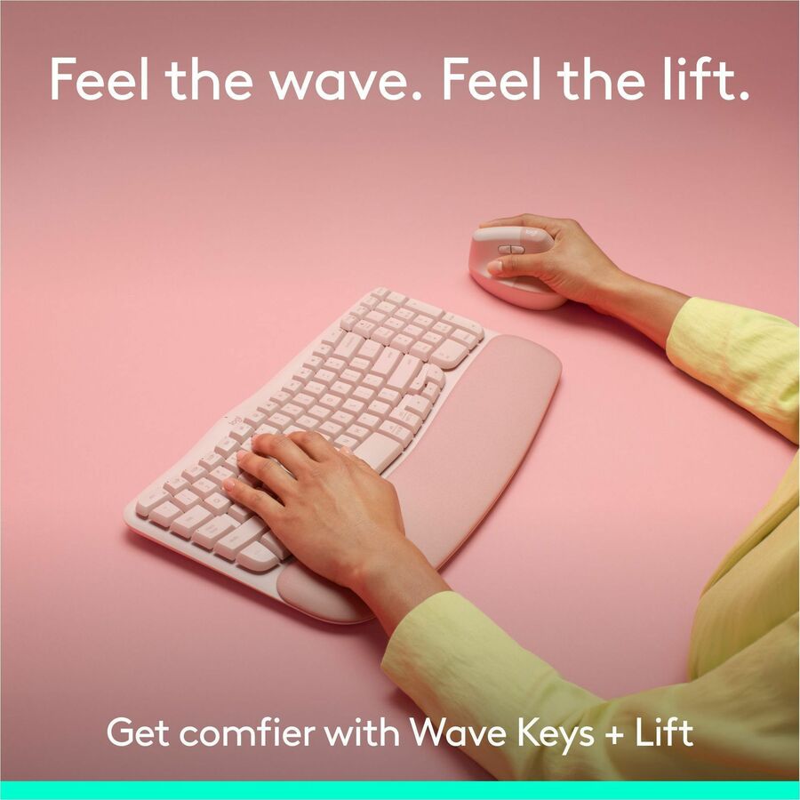 Alternate-Image1 Image for Logitech Wave Keys & Lift Vertical Mouse - Ergonomic Wireless Keyboard and Mouse Combo - with Cushioned Palm Rest (Rose)