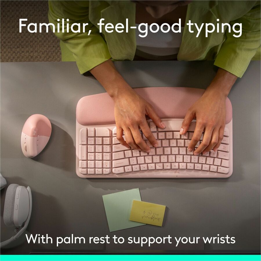 Alternate-Image3 Image for Logitech Wave Keys & Lift Vertical Mouse - Ergonomic Wireless Keyboard and Mouse Combo - with Cushioned Palm Rest (Rose)